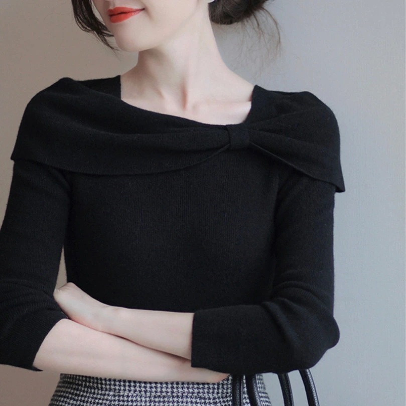 クーポン スクエアネック ニット ショート丈 トップス セーター レディース 長袖 リブニット かわいい リボン付き 無地 シンプル オフィス カジュアル きれいめ 大人 上品 春 秋 冬 インナー 10,046円