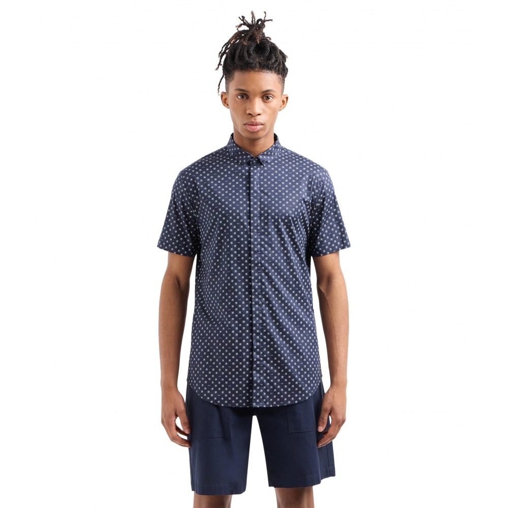 Armani Exchange スリムフィットショートスリーブ AX テキストプリントボタンダウンシャツネイビーブレザーロンバスライン