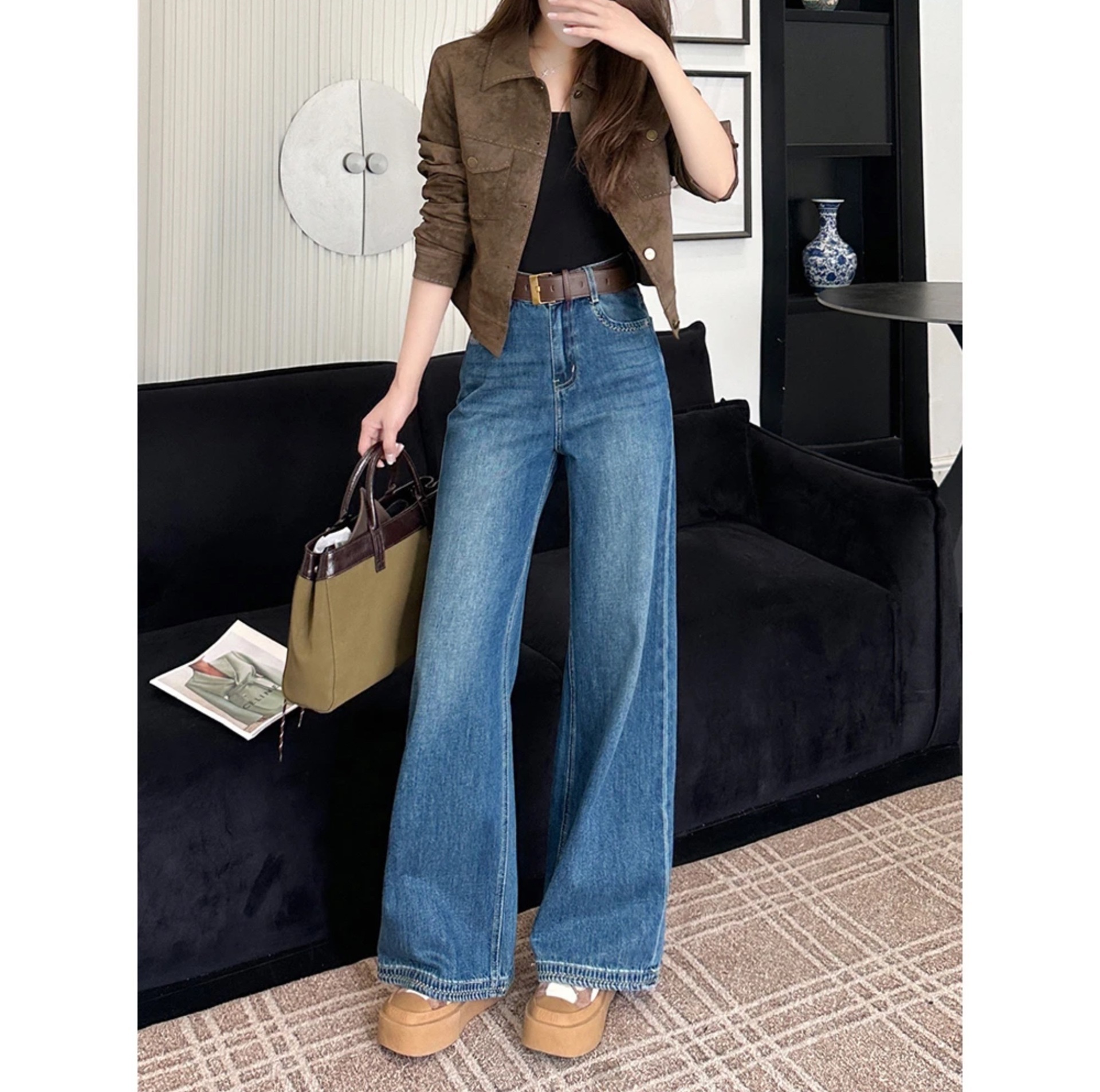 2025初新作ストリーマースタイルデニムワイドレッグパンツレディースレトロゆったり万能スリムストレートパンツデニム