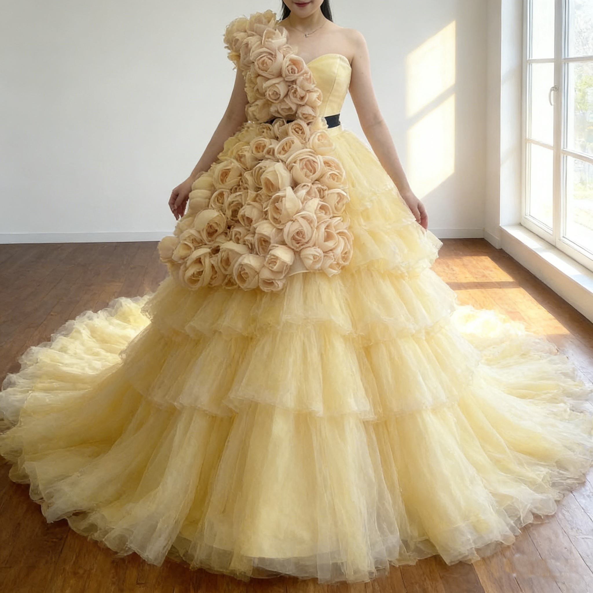 カラードレス パステルイエロー ショルダー型 バラトレーン ソフトチュール 色直し 華やかなトレーン 結婚式