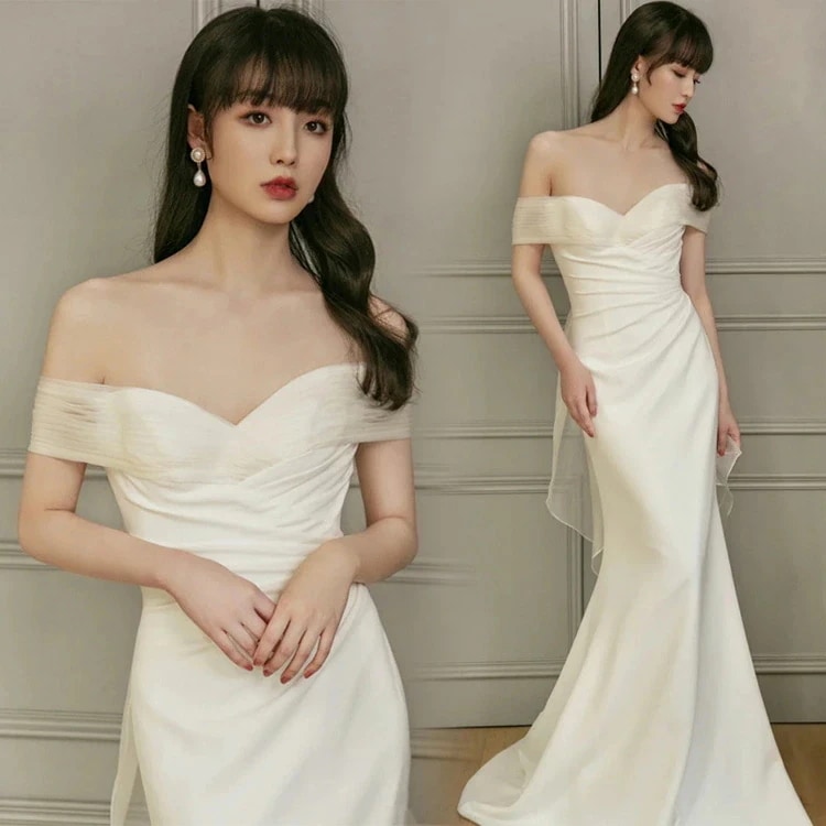 新品大人気 二次会ドレス ウェディングドレス 白 サテンドレス オフショルダー Vネック セクシー 結婚式ドレス 二次会 マーメイドドレス ホワイト ロングドレス バックリボン オシャレ海外挙式 撮影