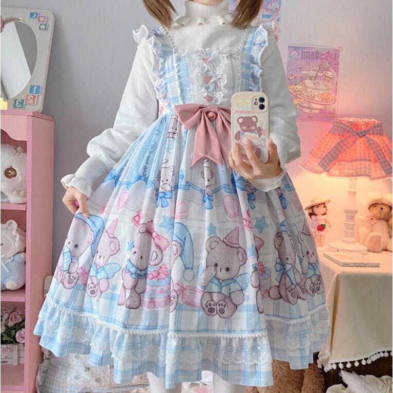 ロリータ ワンピース ジャンパースカート かわいい 膝丈 甘ロリ ゴスロリ ワンピース お姫様 フリル レース リボン 裾フリル レディース コス