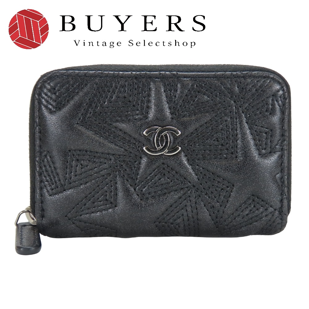 中古 コインケース スターエンボス ココマーク メタリックラムスキン ブラック シルバー金具 24番台 ラウンドジップ コンパクト レディース 女性