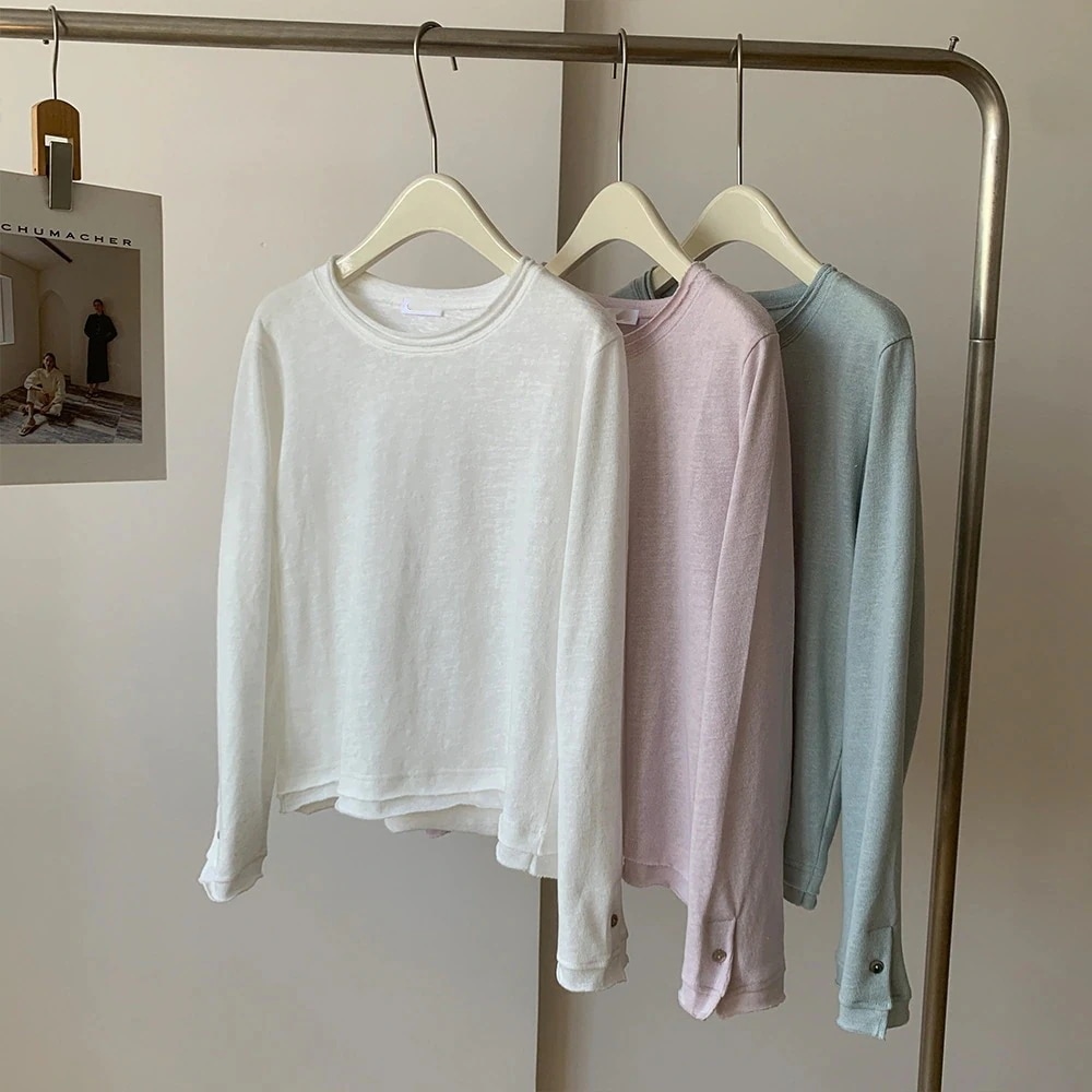 淡いピンク・ブルー ヴィンテージリブスリーブ ルーズフィット ユニークボタン ロングスリーブ レイヤーリングインナー ベースレイヤー