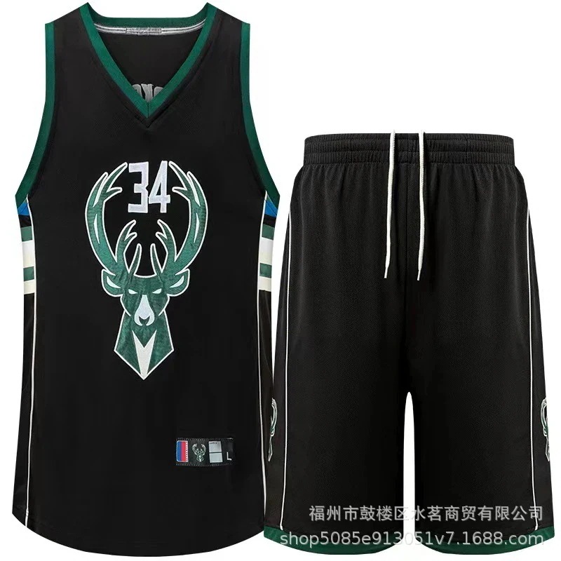 スーツ アデトクンボ Ruge発売独自の設計バックス 刺繍ジャージ＆パンツ Antetokounmpo#34 黒白グリーンシティバージョン