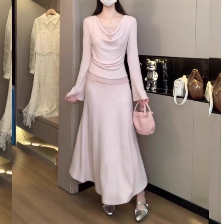 春 おしゃれ 合わせやすい 長袖 優しい フィット ニット 上品 スカート 2点セット