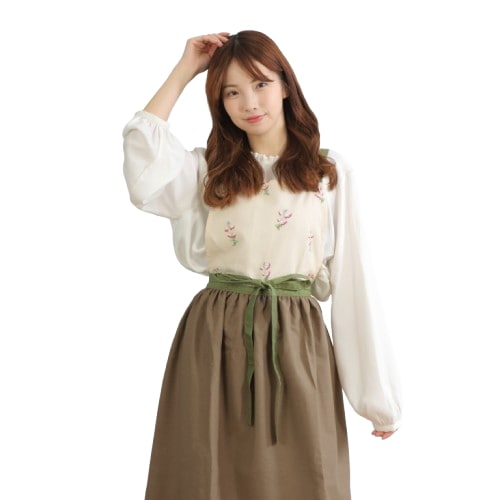 山野草 野菜花 ハーブ をモチーフしたドレスエプロン チェリーセージ柄 D-0008 リネン素材 肩紐落ちない ギャザー入りで動きやすい 着たまま外出可能 刺繍エンブレム 140cm-160cm