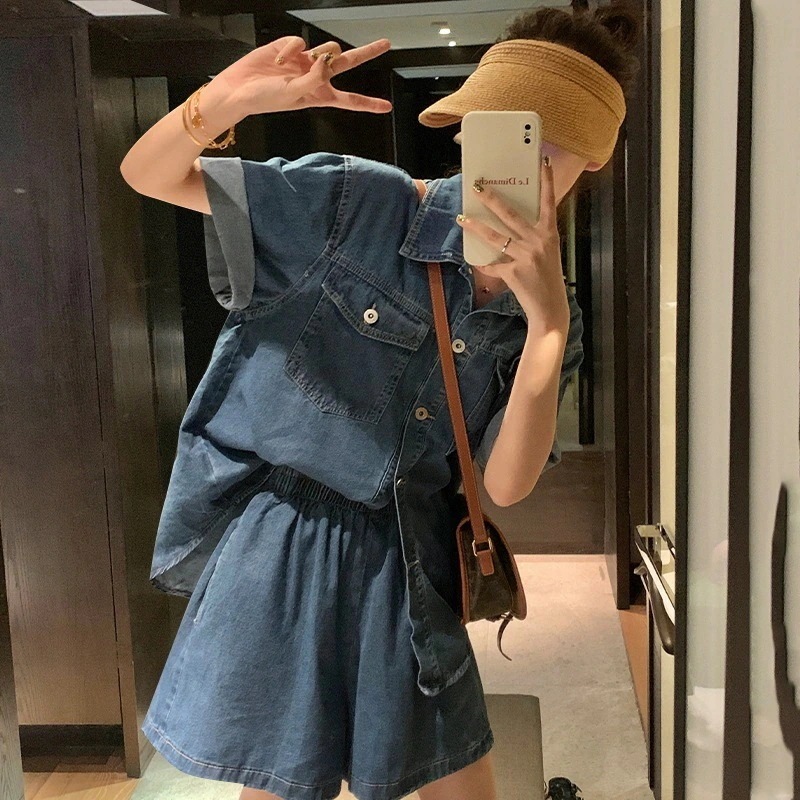 韓国ファッション セットアップ 半袖Ｔシャツ+ショートパンツ トップス+ワイドパンツ 上下二点セット デニムシャツ