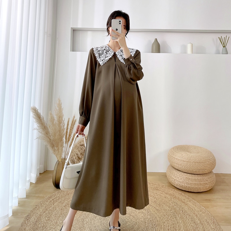 【日本未発売/送料無料】マタニティ ワンピース フラワー レース パフスリーブ 長袖 フレア