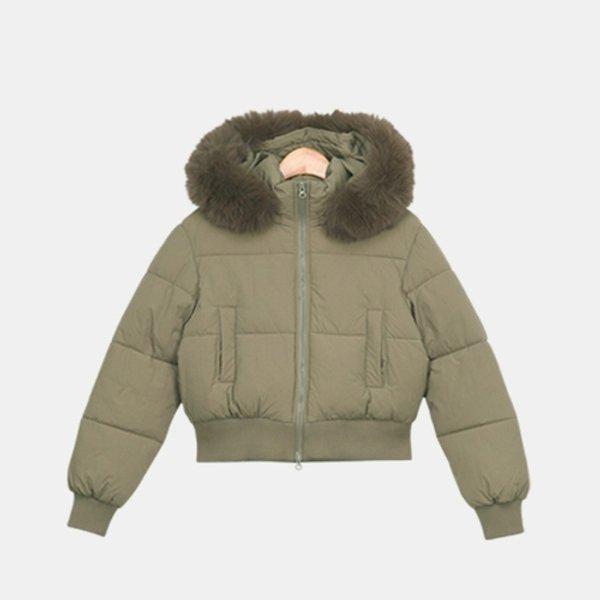 女性の冬のスリムフィットクロップフェイクファー フード ラクーン ショート パディング LLEE...