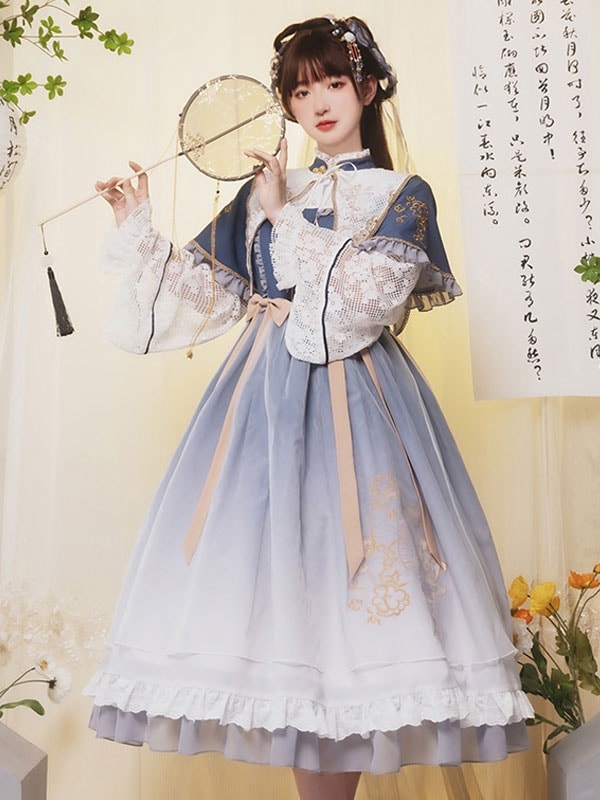 【短納期】チャイニーズスタイルロリータOPドレスブルーポリエステル長袖ボウノットフリルデイリーカジュアルロリータワンピースドレス