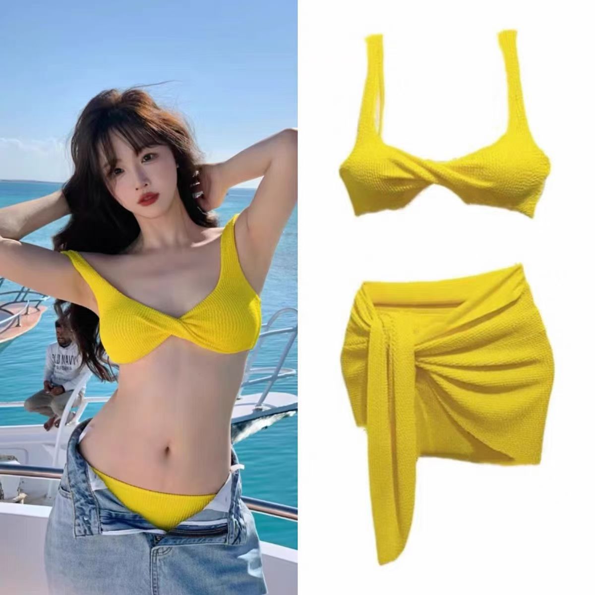 【1つ買うと10つ無料】純粋なセクシーなレモンイエローホワイトスプリットスリーピースビキニスモールブレスト水着