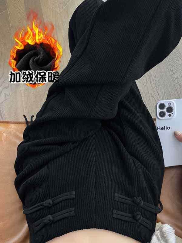 パンツ レディース 秋 冬 カジュアル ボトムス 中華風 ベルベット ワイド レッグ 中華風 ハイウエスト ストレート レッグ プチ フロア レングス