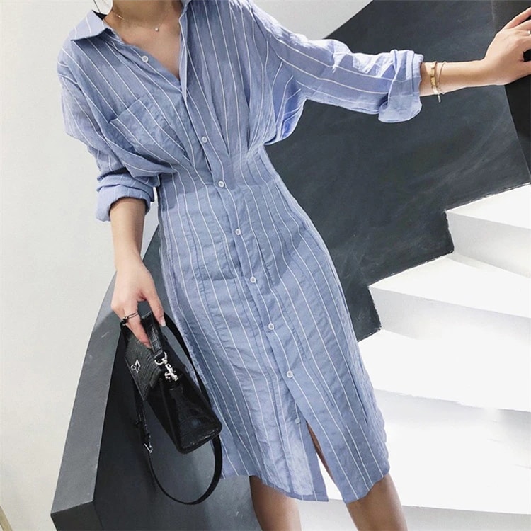 夏ワンピース気質 ブルーストライプ スリム シャツワンピース 女性 ハイウエスト ラペル 長袖 中長セクション シャツ 通勤 OL 卒業式