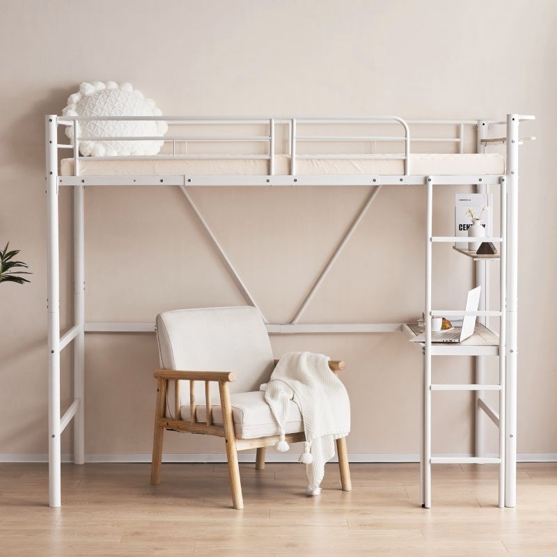 【迅速な出荷】ロフトベッドシングル机付き木パイプベッド耐荷重150kg高さ170cmデスク付き収納棚コンセント付きハイタイプロフトベッドはしご付き北欧風子供部屋スチール耐