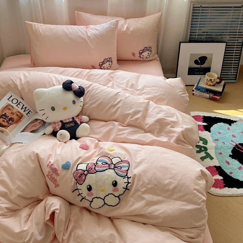[3日出荷]ストロベリーピンク ハロー コットン 子供用 4点セット Kt 猫シーツとシーツ 女の子用 ハロー 掛け布団カバー