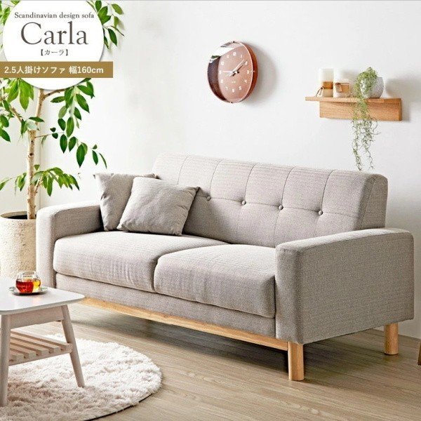北欧風ソファ 2.5人掛 クッション2個付 肘付デザイン 脚付 ローハイ兼用 ファブリック生地