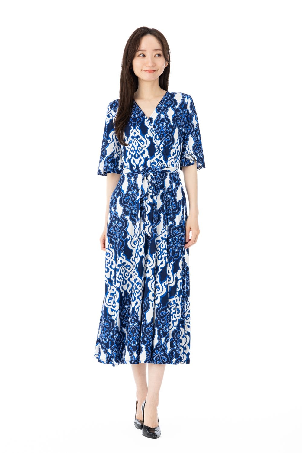 「エジェリワンピース」 EGERIEワンピース T1 T2 T3サイズ 5分袖 ミモレ丈ワンピース 総柄 カシュクールネック ジャージー インポートワンピース ブルー 大きいサイズ レディース フラン