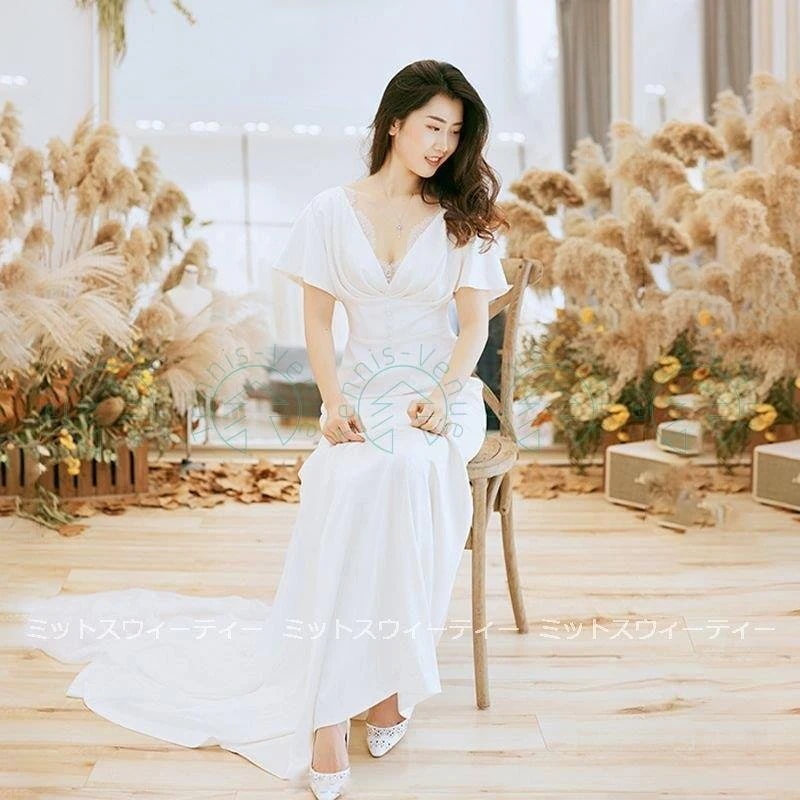 ウエディングドレス 袖あり 白 背中開き 結婚式 aライン スレンダードレス 二次会 ロングドレス
