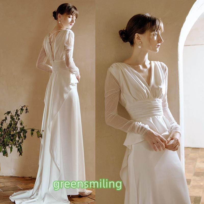 ウェディングドレス ウエディングドレス 二次会 結婚式 前撮り ブライダル ロングドレス 花嫁 スレンダードレス スレンダーラインドレス サテン 長袖