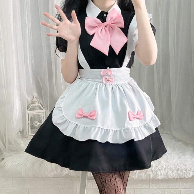 迅速な出荷 大人 メイド服 ロリータ メイド コスチューム 女装 仮装 半袖 ショート丈 ワンピース ピンクリボン 可愛い lolita ロリータファション エプロン ドレス Halloween Co