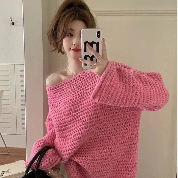 人気なリブニット Tシャツカットソー オフショルダーデザイン セーター レディース ゆったり 怠惰な風 百掛け ニットカーディガン 韓国ファッション トップス