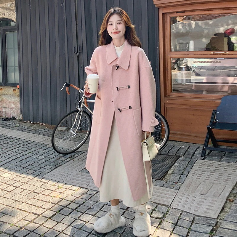 年季の入った牛角バックルの韓国版両面ウールコート 2024年新作海外風ルーズな薄手ツイードジャケット