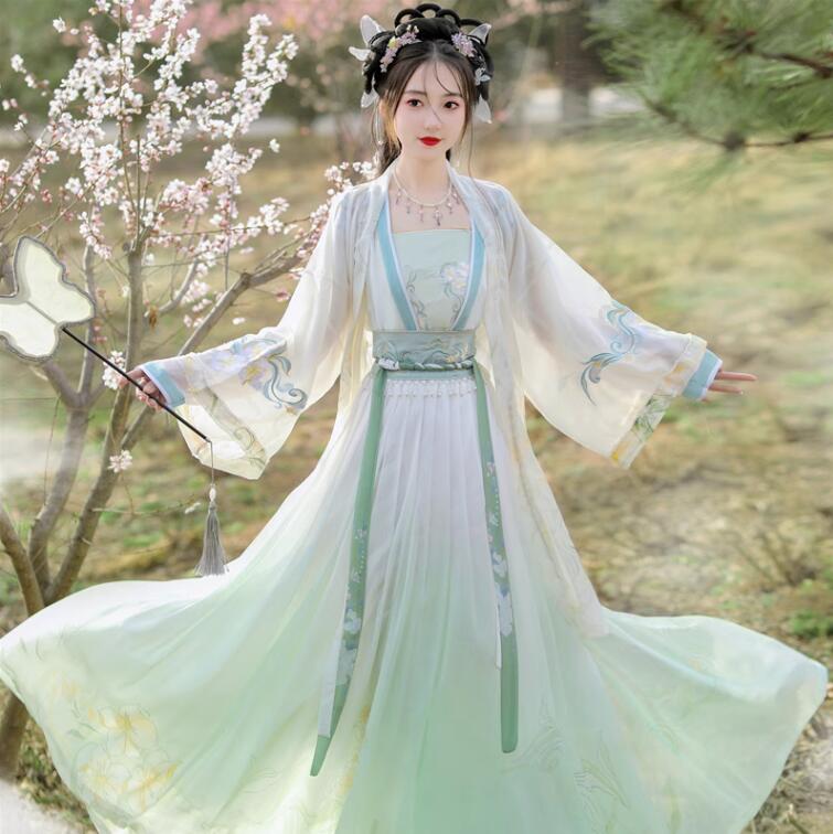 古典美人漢服　3色　レディース唐装漢服　グラデーション唐装漢服　羽織　大きい裾スカート3/4点セット　美品花柄中華古風舞台ステージ衣装　中国古代宮廷風コスプレ衣装　コスチューム クリスマスハロウィン