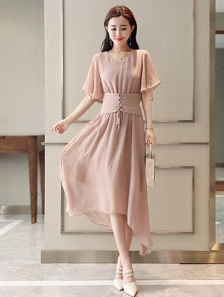 1981.Vネックウエストリボンフレアドレス（ベージュピンク）2019 春夏 sale 春夏 sale ワンピース フリル エレガント お呼ばれ パーティー 結婚式 披露宴 女子会 レストラン デート 100,000円