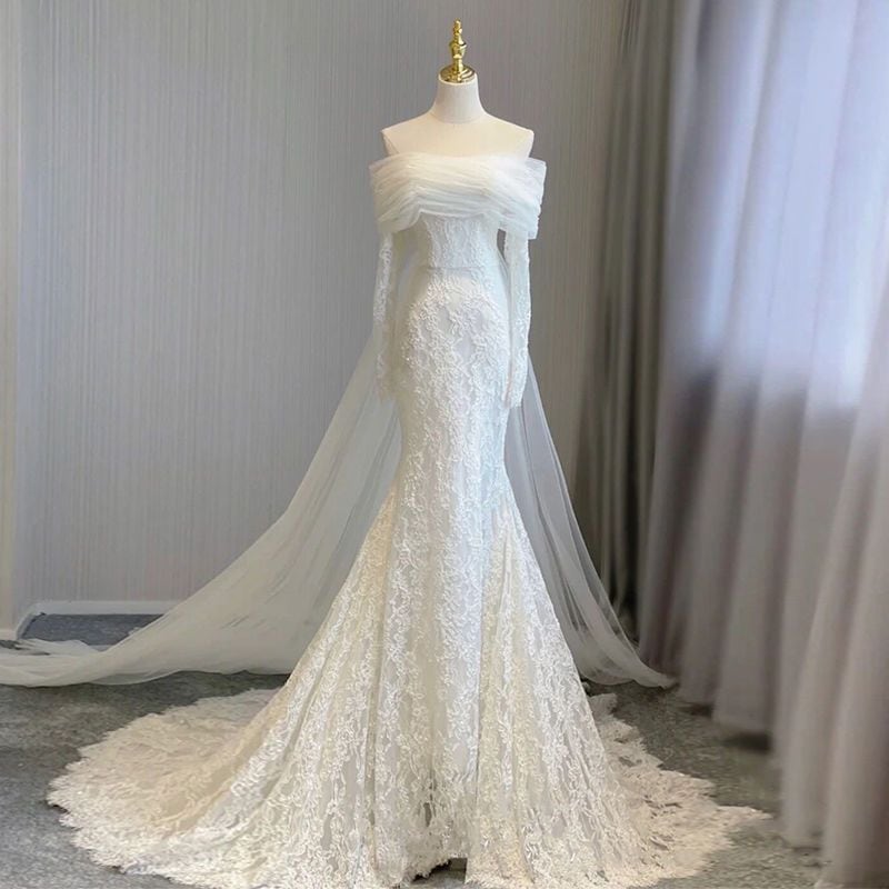 テールレースライトウェディングドレス2024花嫁結婚式メインヤーンハイエンドワンショルダーウェルカムウェディングドレス