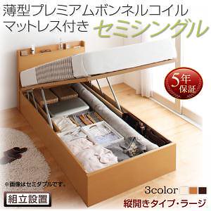 [組立設置料込み]国産 跳ね上げ収納ベッド [Freeda]フリーダ [薄型プレミアムボンネルコイルマットレス付き] 縦開き セミシングル 深さラージ [フレーム色]ホワイト