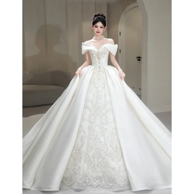 ワンショルダーサテンメインウェディングドレス花嫁2025年新作フランス重工業質感妊婦トレイル