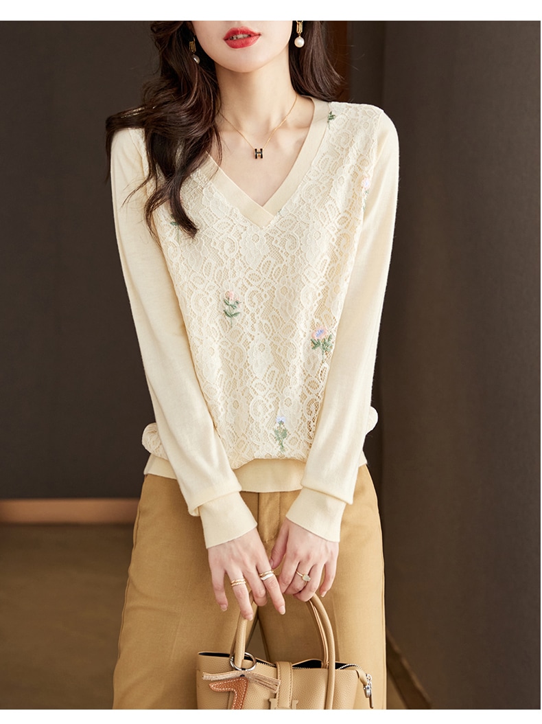 ファッション V ネック デザイン トップス 秋 レース ステッチ ニット シャツ 女性 アプリコット ネイビー M L XL XXL トップス 袖あり かわいい 大人可愛い きれいめ シンプル