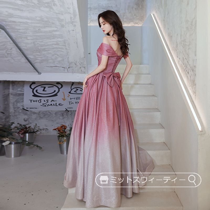 パーティードレス カラードレス オフショルダー ピンク 結婚式 披露宴 Aラインドレス ピアノ演奏会