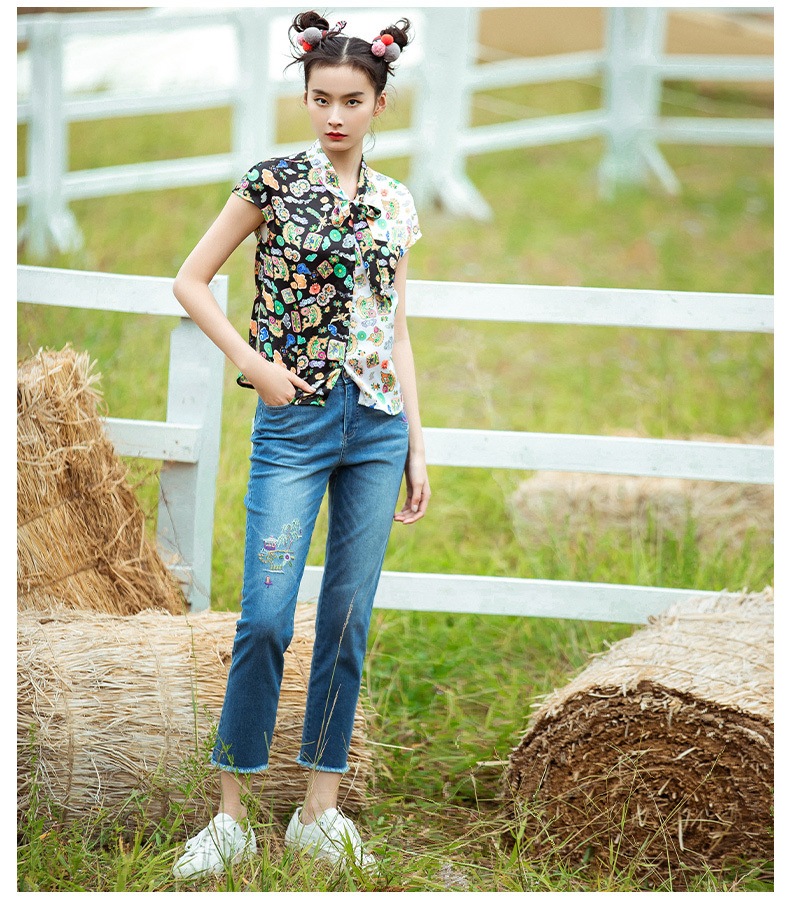 黒 白 プリント コントラスト カラー シックなトップ 夏 トレンディ シフォン シャツ 女性 デザイン センス S M L XL トップス 袖あり かわいい 大人可愛い きれいめ シンプル