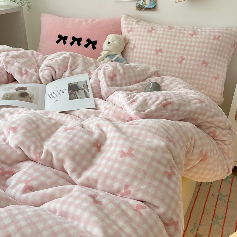 姫風ミルクレープ4点セットサンゴ両面加絨厚手布団カバーベッドシングル女子寮ベッド3点セット