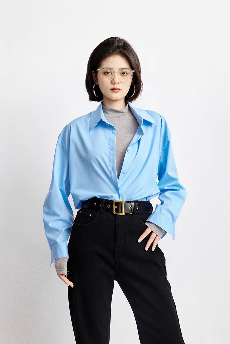 ブルー シャツ オリジナル デザイン ゆったり 通勤 ジャケット 長袖 トップス レディース トップス シャツ 袖あり 長袖 襟付き 大人可愛い きれいめ シンプル カジュアル 大人 上品 おしゃれ