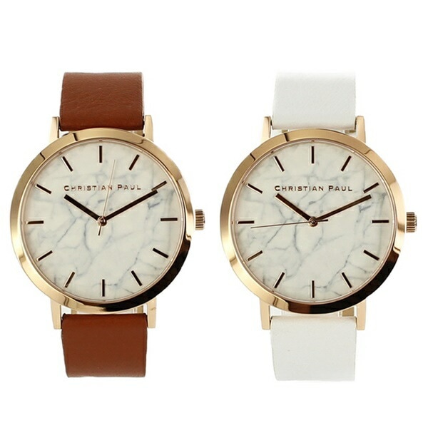 【ペア時計収納BOX付き】クリスチャンポール 腕時計 手表 ペアウォッチ メンズ レディース 同サイズ 43mm 大理石柄 ホワイトマーブル 茶 白 レザー 天然皮革 MR-06MR-03 誕生日プレ
