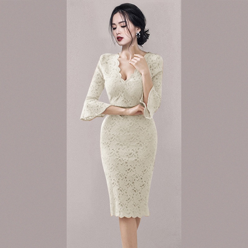 レースワンピース 長袖レースワンピ Vネックワンピース 膝丈ワンピース スカート ワンピース オールインワン 膝丈 ひざ丈 ロング ロング丈 袖あり 7分袖 七分袖 長袖 Vネック スリム タイト