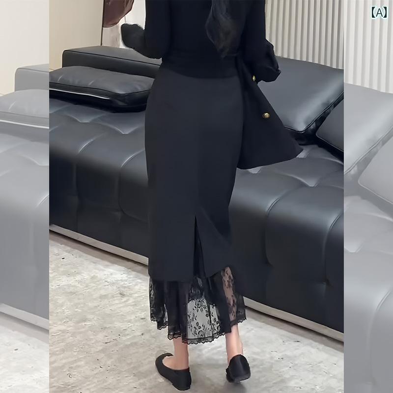 レディース　スカート　ハイウエスト ブラック レース パッチワーク ヒップ スカート レディース 2025 春夏 ハイエンド かっこいい スリム