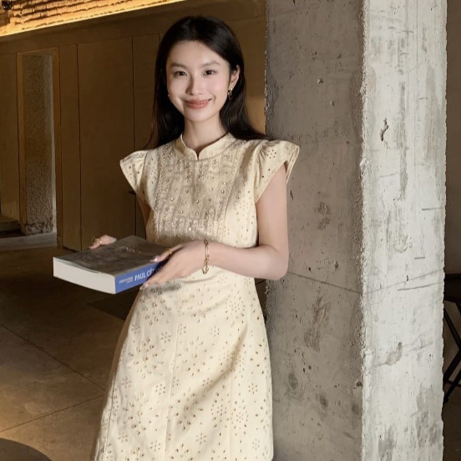 [di] Qianjinfeng Heavy Industry ビーズ中空刺繍ショートドレス女性用 038