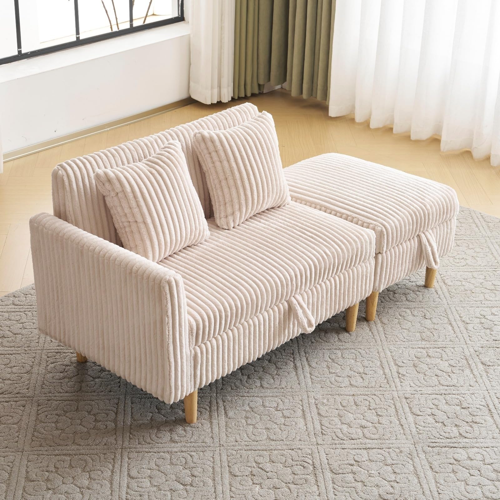 ソファー 2人掛け ソファカチン 収納機能 ふわふわ 触り心地よい素材 ソファーベッド ローソファ オットマン クッション付き コーナー l字ソファー (ベージュ)