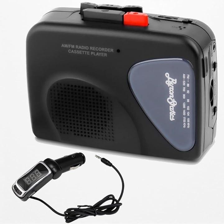 ドライブセット ポータブルカセットプレイヤー FMトランスミッター FM/AMラジオ 内蔵マイク 外部スピーカー USB電源コード イヤホン付属( ブラック)