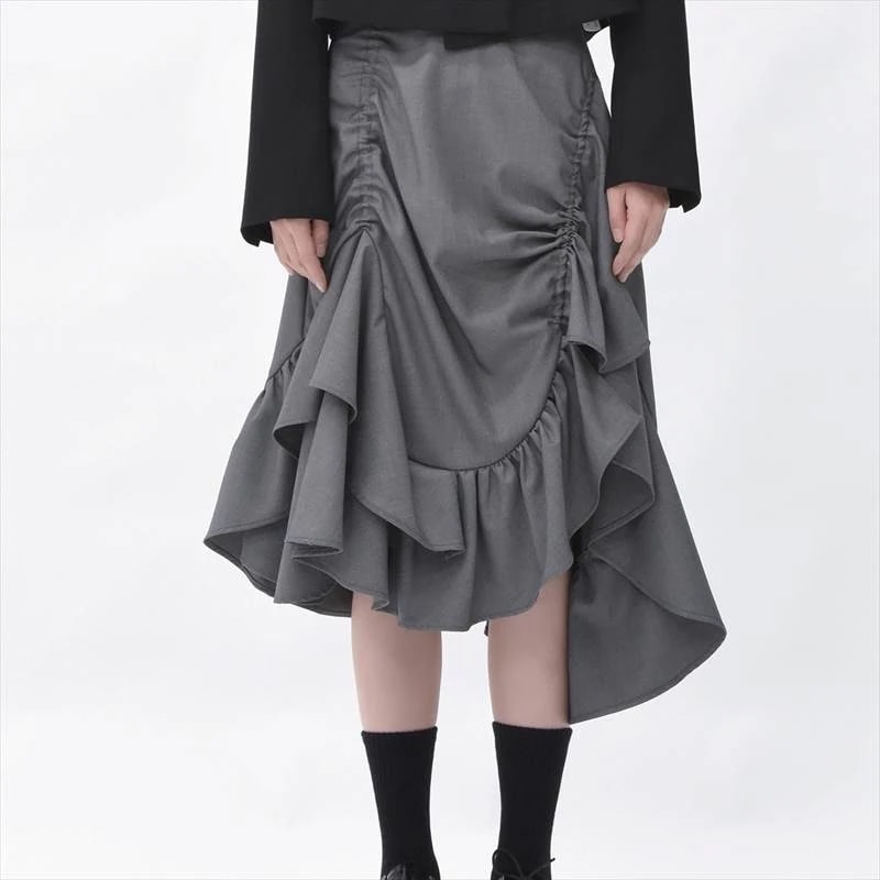 (HSIX)【短納期】スカート ロングスカート アシンメトリー フリル ギャザー レディース Aライン ふんわり ロング丈 個性的 ミモレ丈 ボリューム オシャレ 大人可愛い パンク ロック クール