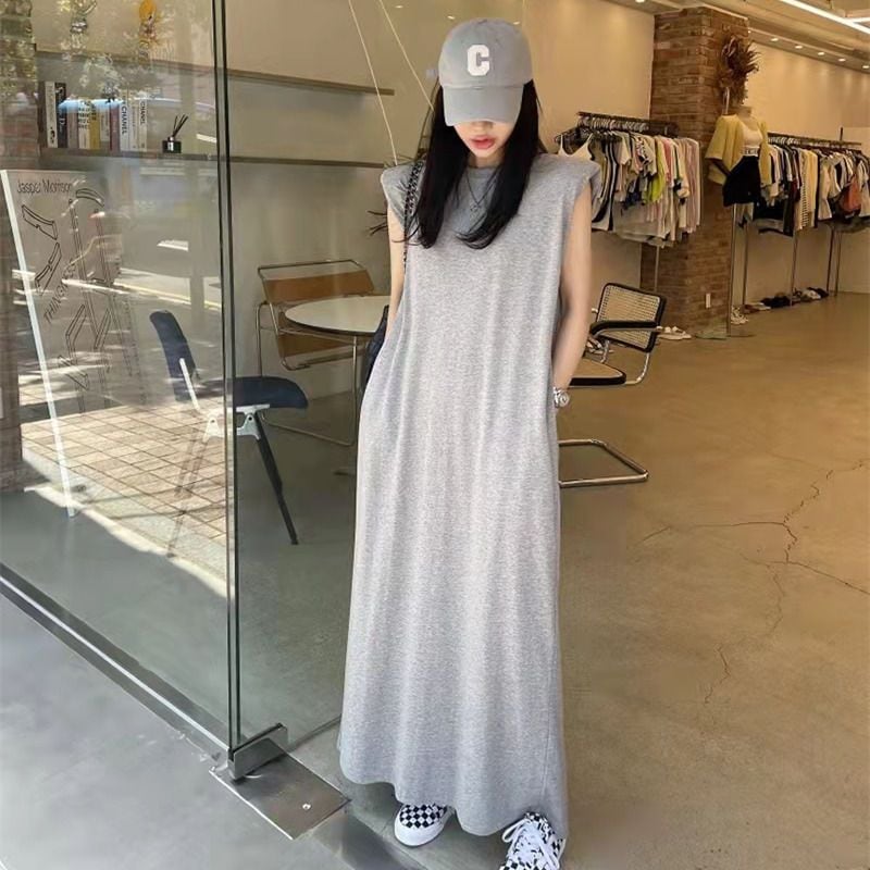 ヘビロテキャミワンピー韓国ファッション Tシャツワンピース大きめ百掛け気質キャミワンピース ロング スリット ワンピース 夏 着痩せキャミワンピー 高級感