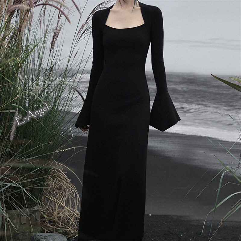 ニットワンピース ロング 冬 黒 セクシー スクエアネック ワンピース 重ね着風ワンピース マキシ丈 エレガント 卒業式 入学式 パーティードレス