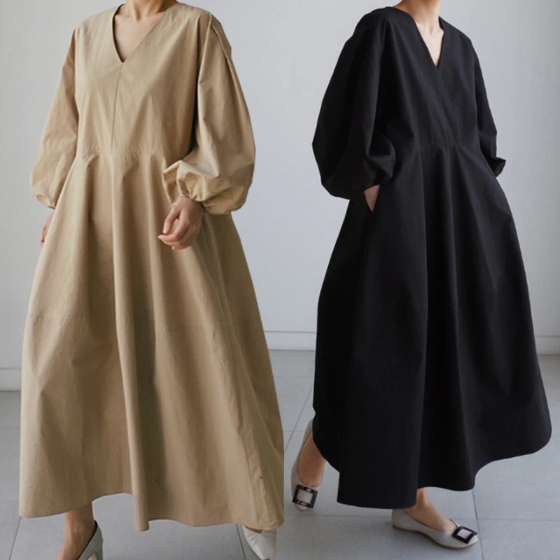 ワンピース ロング ロング丈 袖あり 長袖 ボリューム袖 ランタンスリーブ 袖コンシャス Vネック Aライン かわいい 大人可愛い シンプル カジュアル 大人 おしゃれ お洒落 かっこいい レトロ
