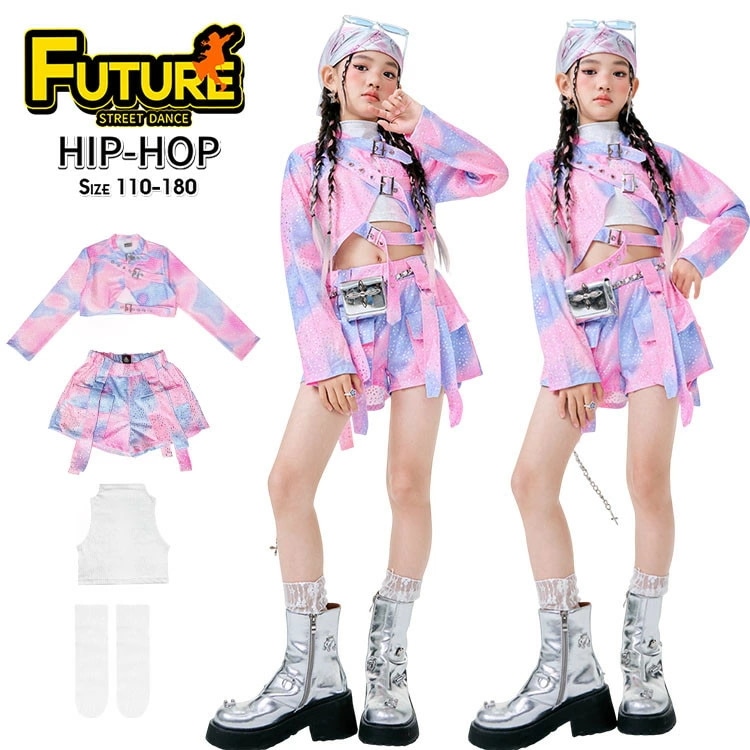 2日限定セールkpop衣装キッズダンス衣装セットアップヒップホップへそ出しトップス女の子ミニコートピンクパープル長袖ベスト短パンツ女の子チアガールチアダンスkpop衣装韓国応援団HIPHOP発表会子供