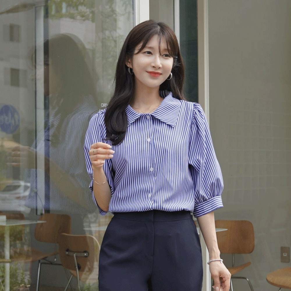 Click & Funny ディムストライプパフブラウス