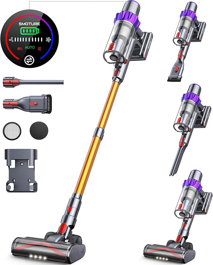 450W 40Kpa強力吸引 自立式（収納スタンド不要） V型絡まないヘッド LED液晶ディスプレイ 掃除機 サイクロン 7重濾過 55分長時間稼働 オートモードで稼働可能 着脱式バッテリー 1.5L 15,030円